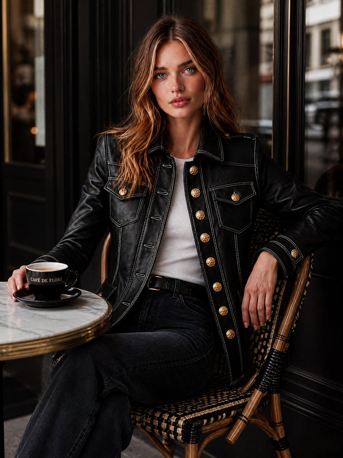 Chic Casual – Campera negra de ecocuero con solapas