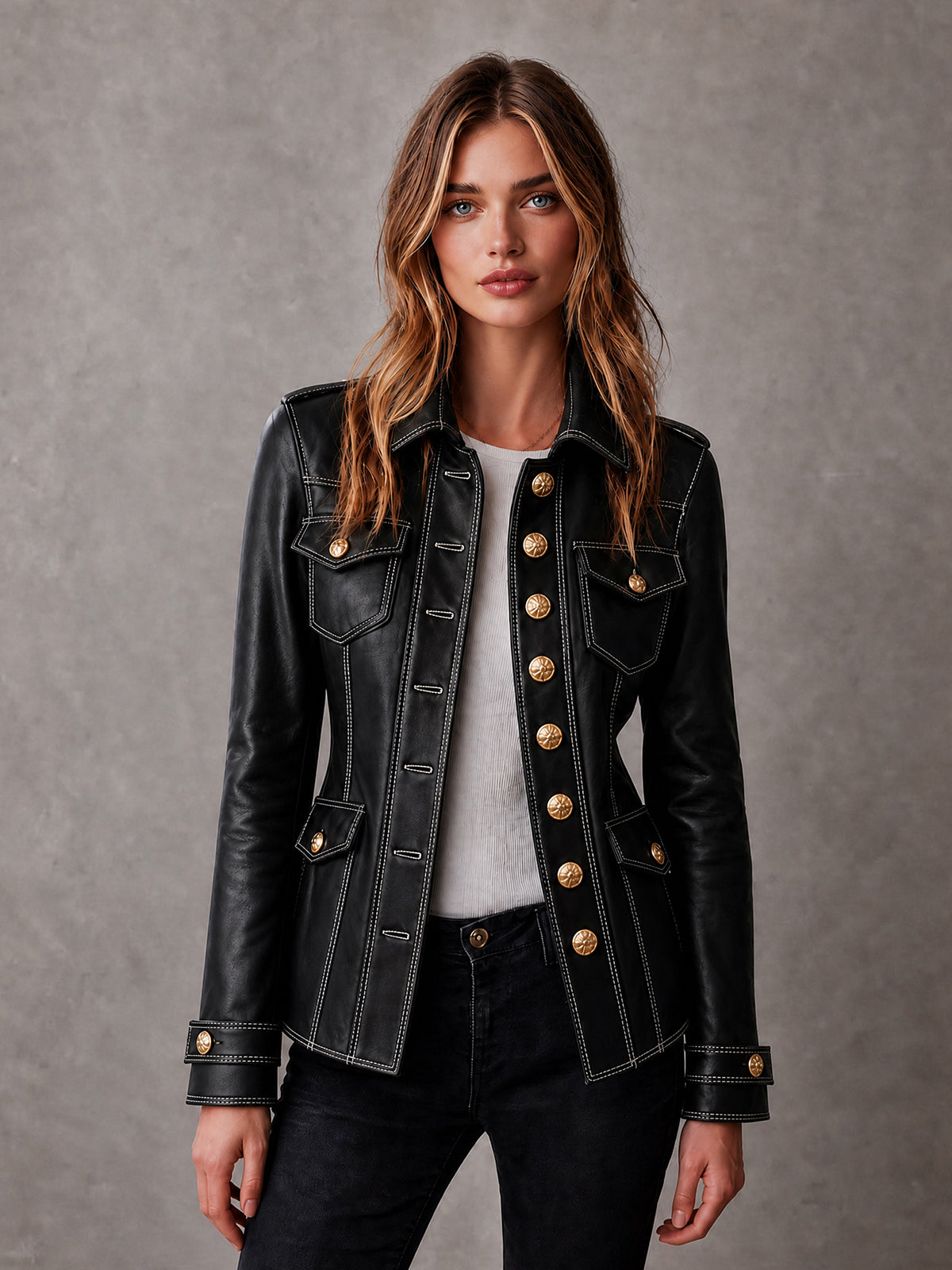 Chic Casual – Campera negra de ecocuero con solapas