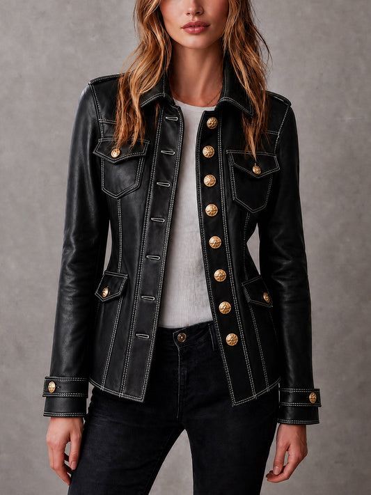 Chic Casual – Campera negra de ecocuero con solapas
