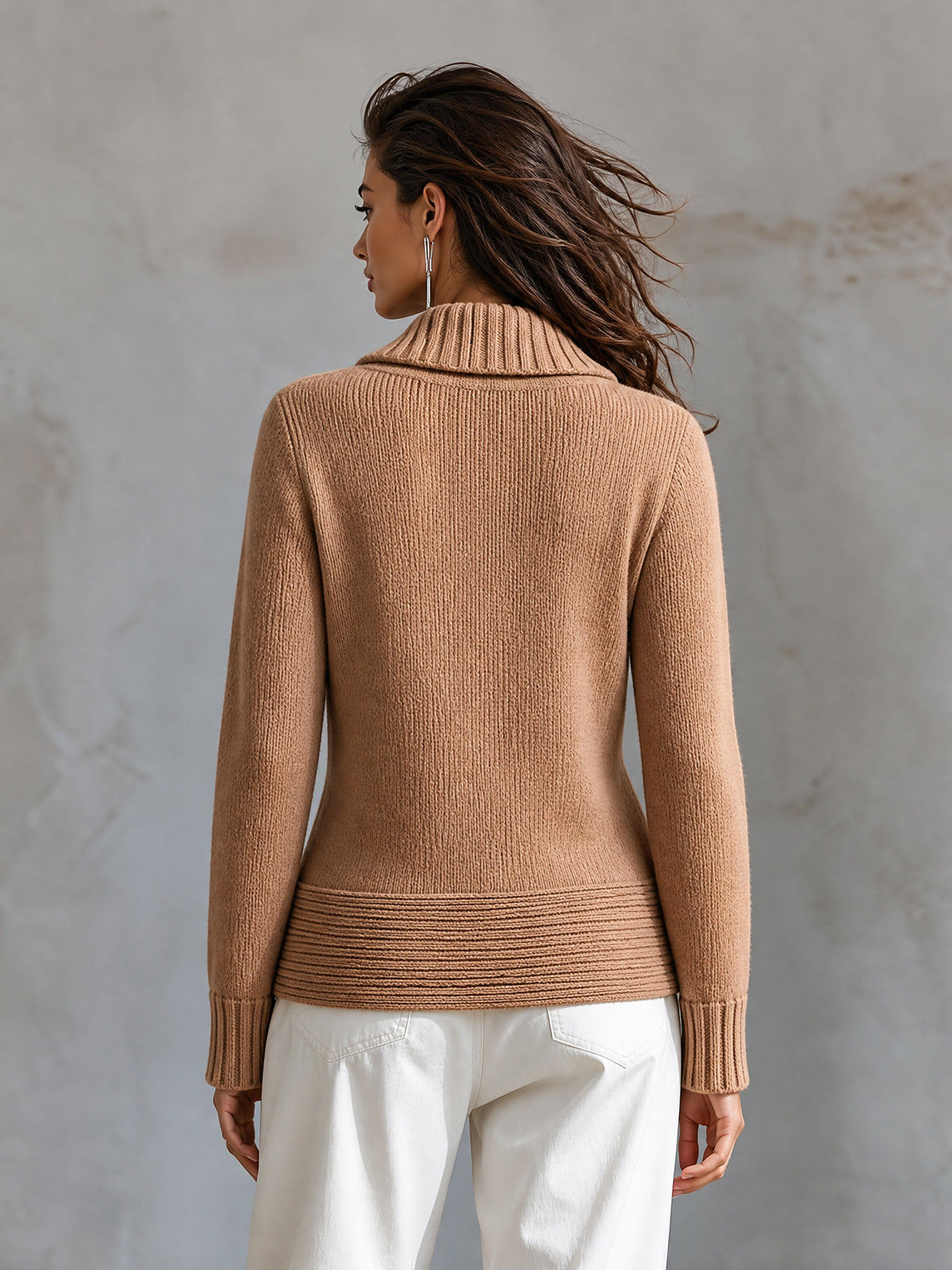 Chic Elegant – Sweater camel cruzado con cuello chal
