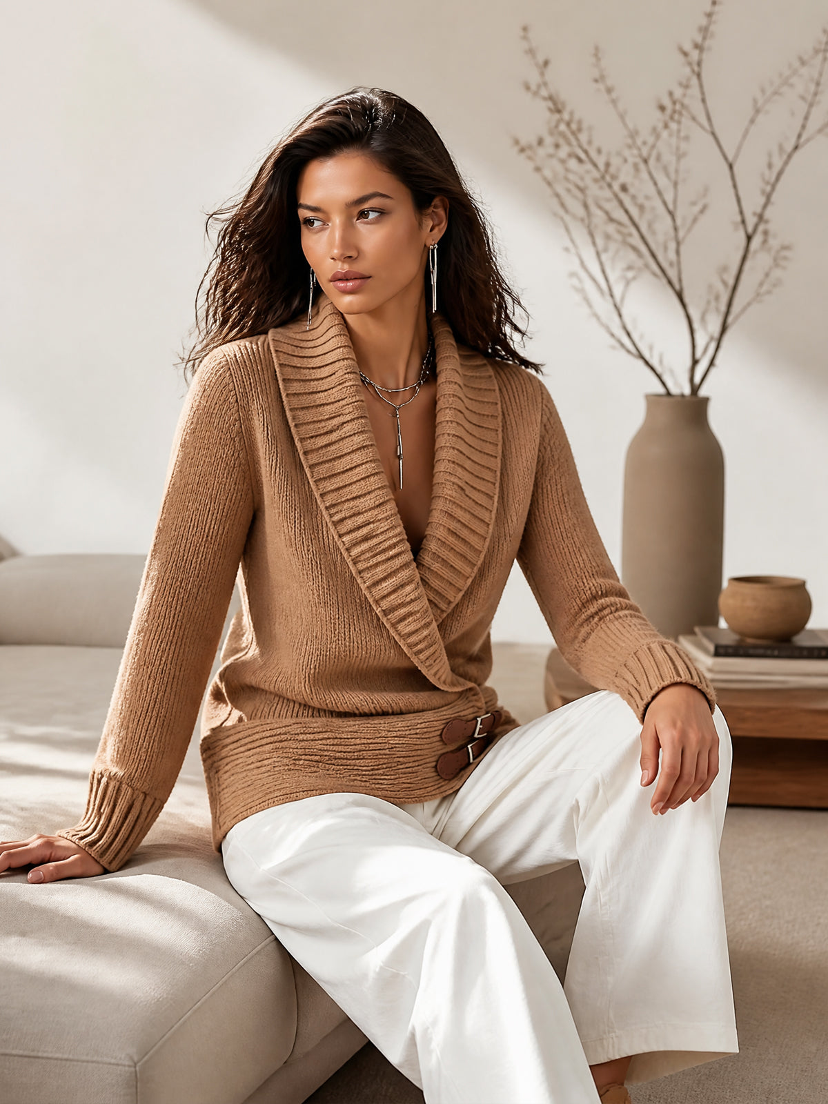 Chic Elegant – Sweater camel cruzado con cuello chal
