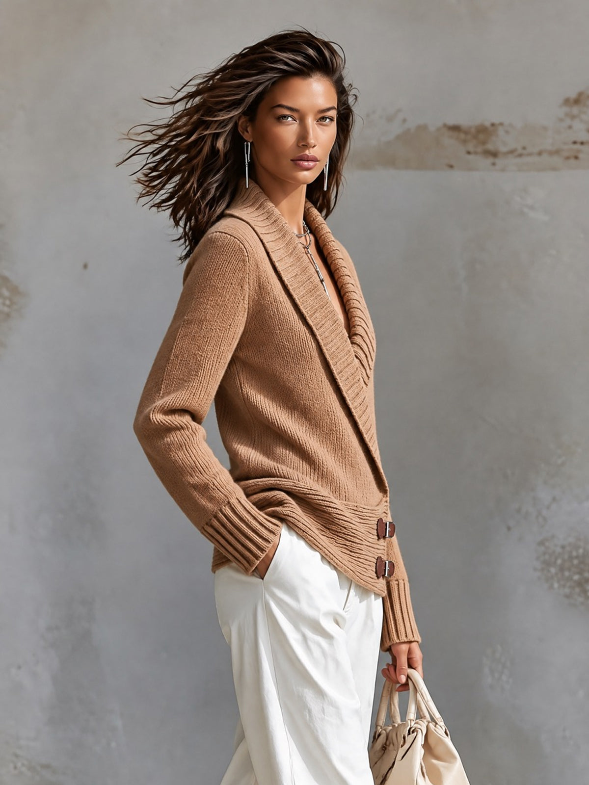 Chic Elegant – Sweater camel cruzado con cuello chal