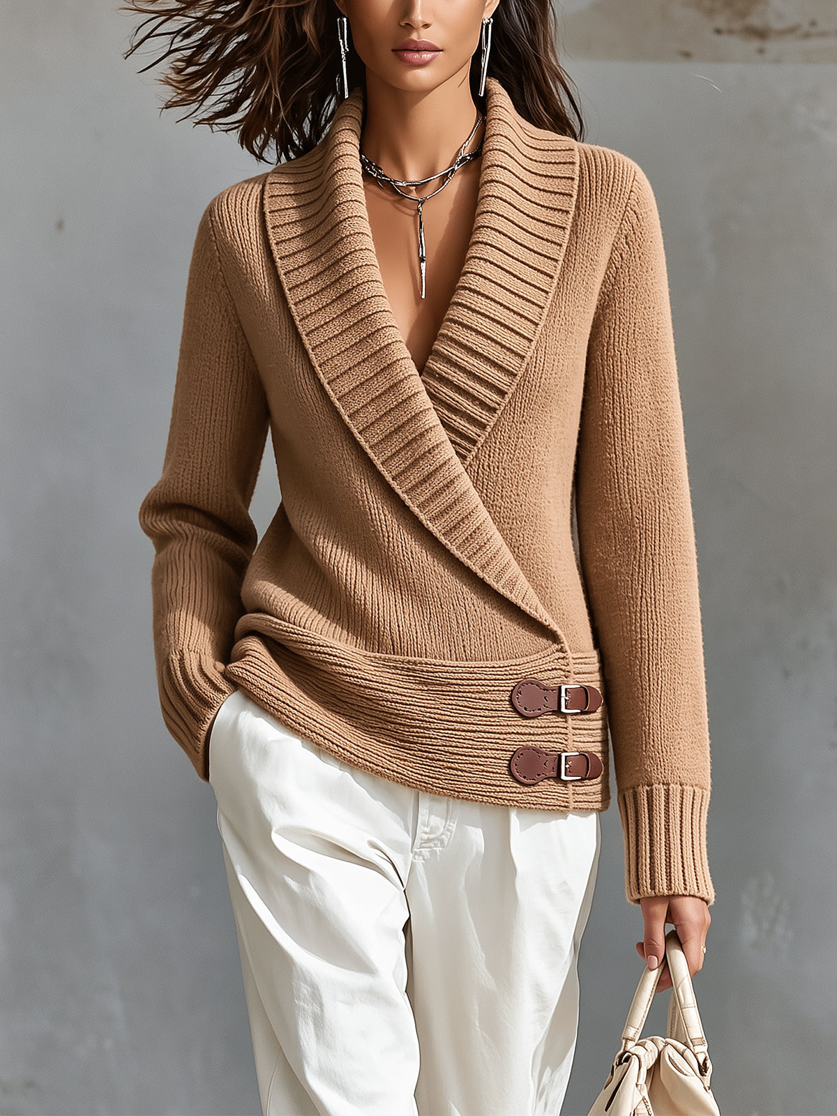 Chic Elegant – Sweater camel cruzado con cuello chal