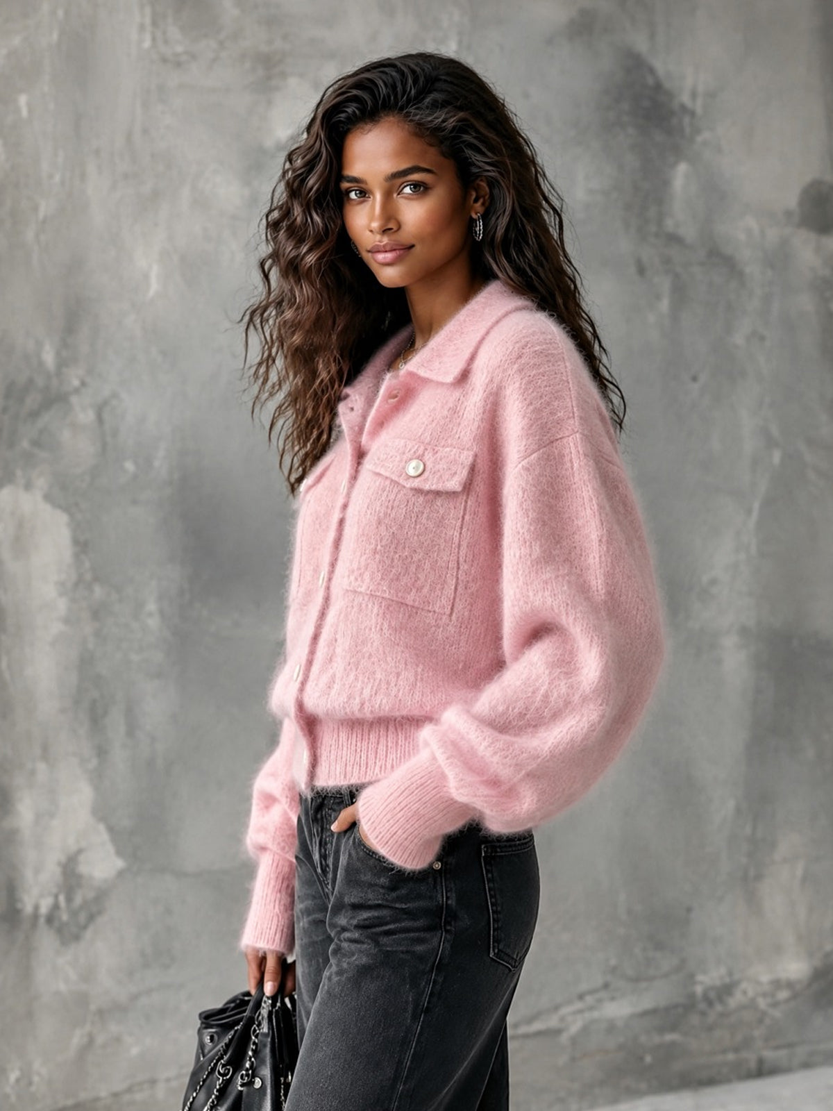 Chic Casual – Cárdigan rosa de tejido suave con solapas