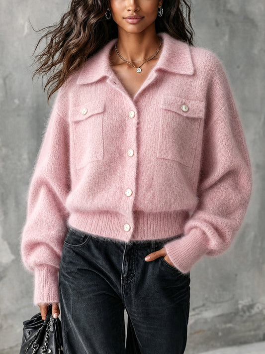 Chic Casual – Cárdigan rosa de tejido suave con solapas
