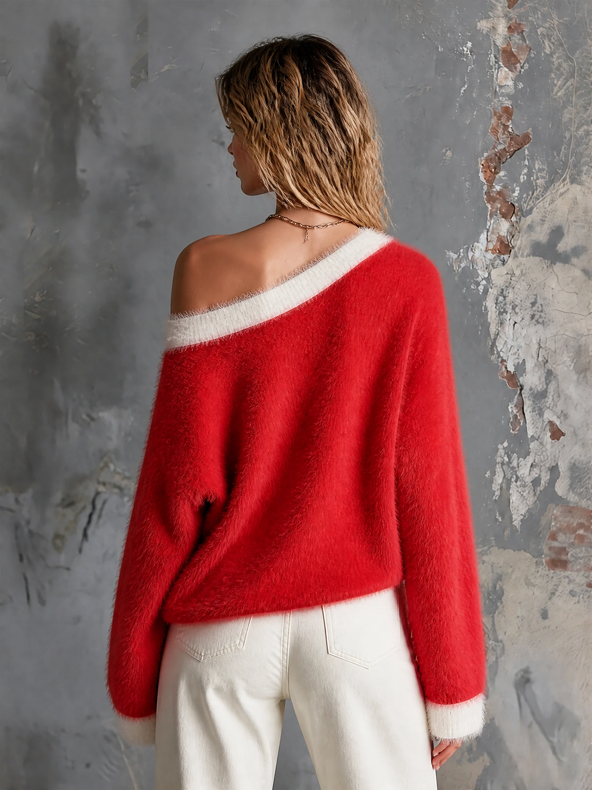ElevenOra | Sweater de mohair rojo off shoulder con jacquard de corazones