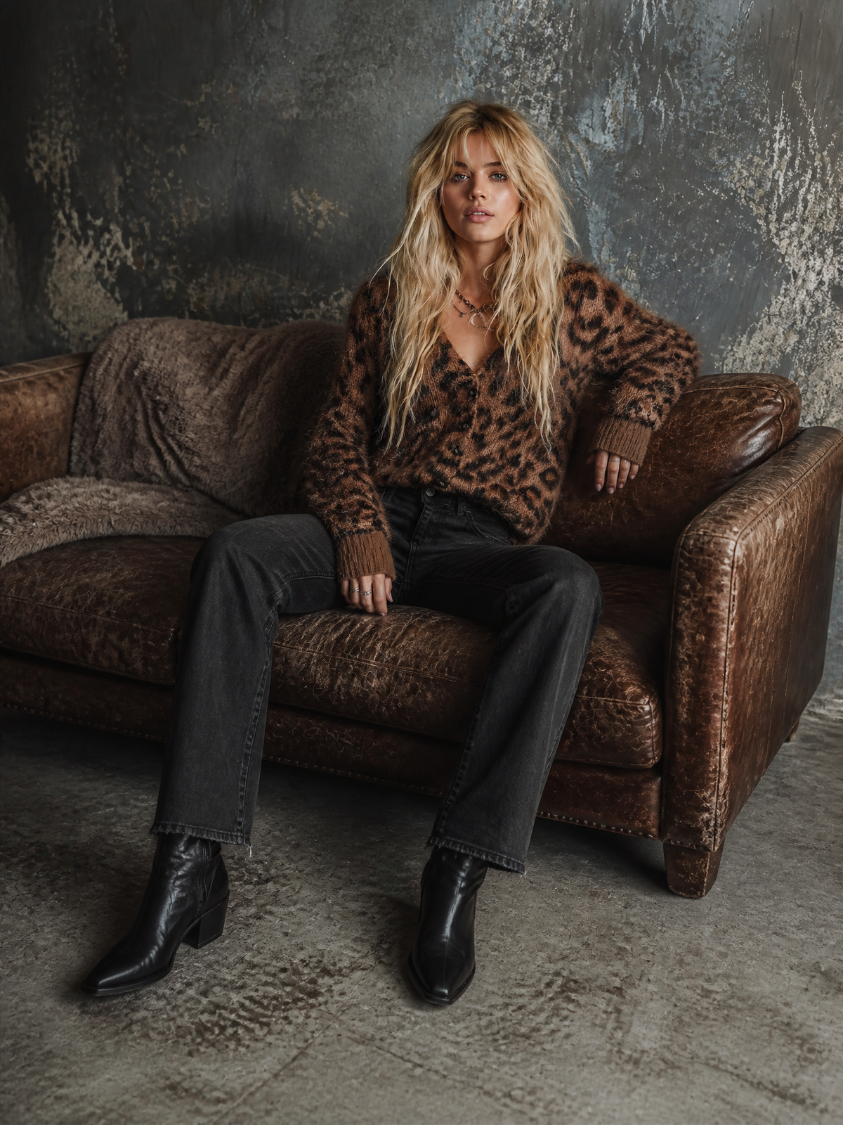 ElevenOra | Cárdigan de mohair marrón con jacquard leopardo