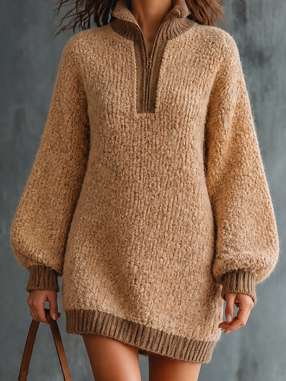 ElevenOra | Vestido mini tejido camel con cuello mao y medio cierre