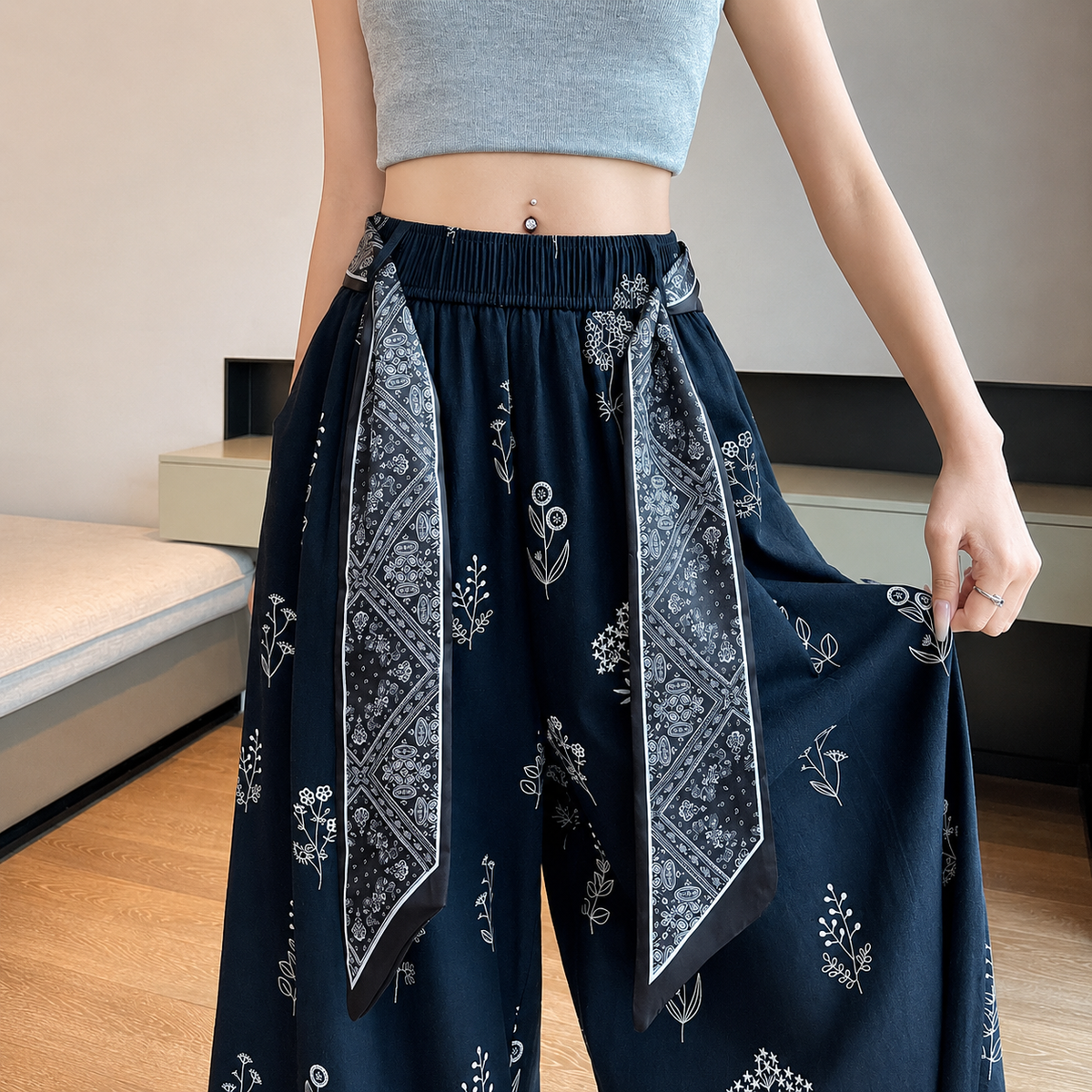 Meadow | Pantalón palazzo fluido con estampado botánico
