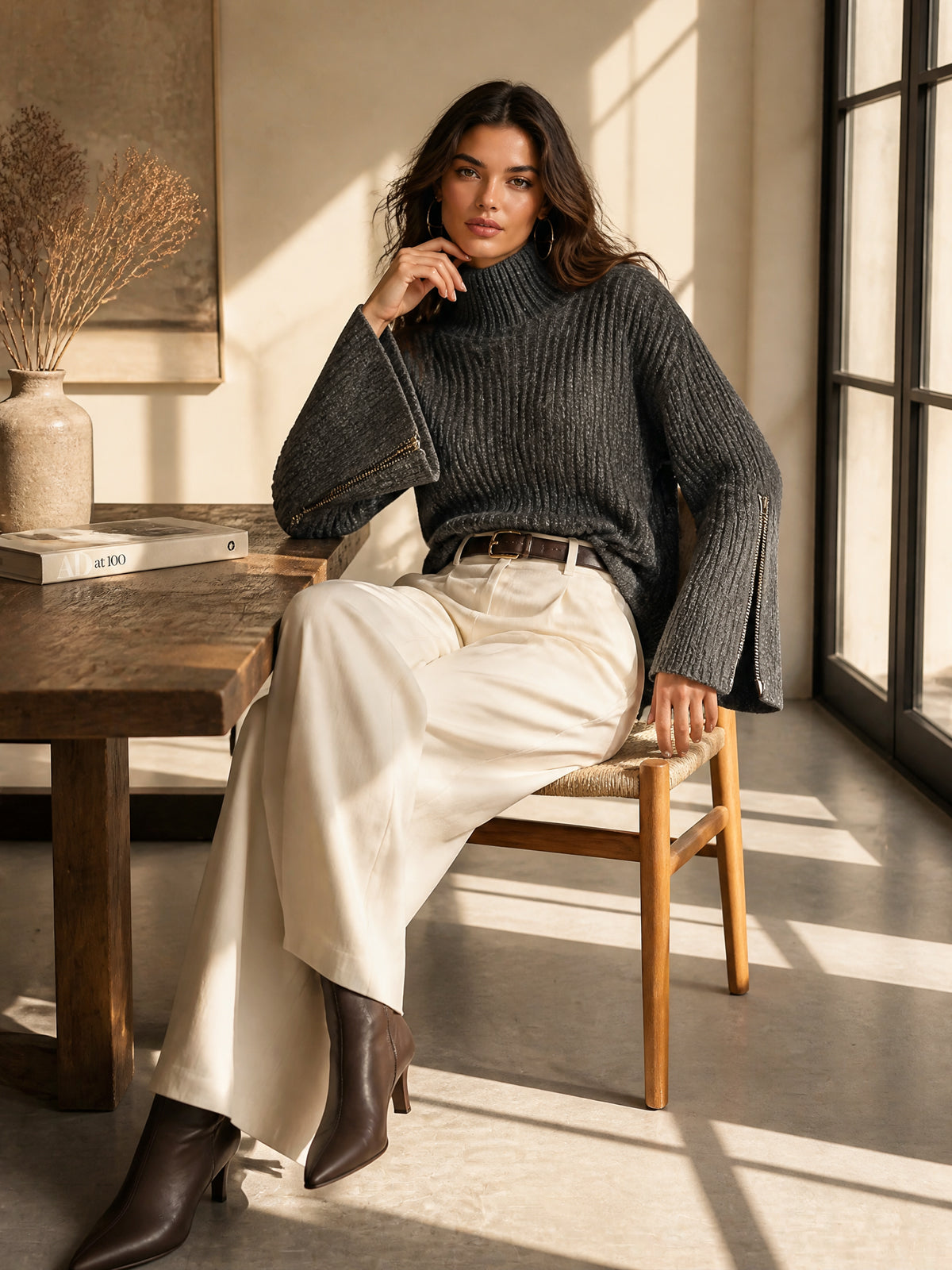 ElevenOra | Sweater tejido gris con cuello alto y cierres decorativos