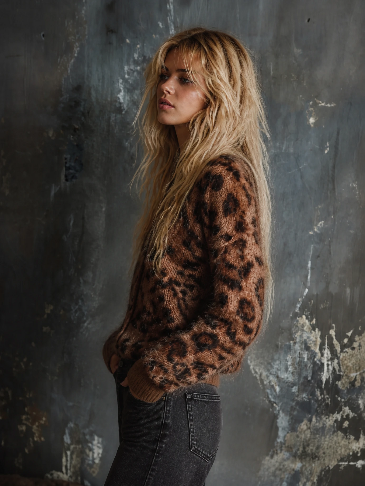 ElevenOra | Cárdigan de mohair marrón con jacquard leopardo