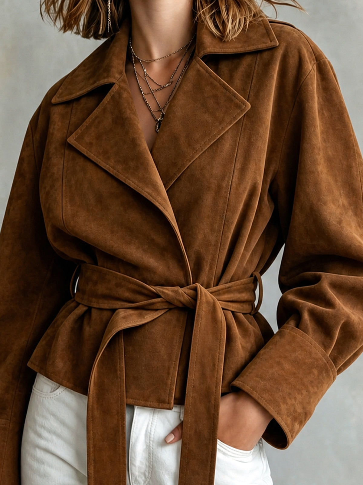 Chic Elegant – Campera marrón de ecogamuza con solapas y cinturón